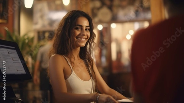 Fototapeta Nice woman smiling in a cafe. Dating and relationships.
