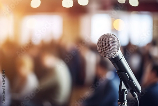 Obraz A group of people gathered around a microphone for a public speaking event