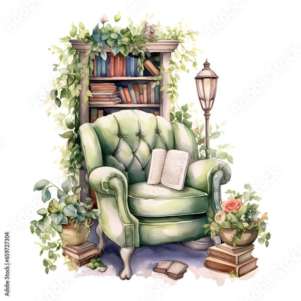 Obraz Watercolor Overgrown Bookworm Cozy Reading Corner