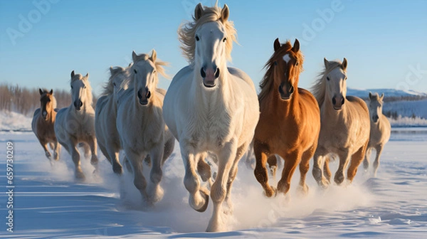 Obraz Eight Horse Running Freely in the Winter Landscape, elegance and strength. Its muscular form is adorned
mean strength, speed, and victory. Generative Ai illustration 