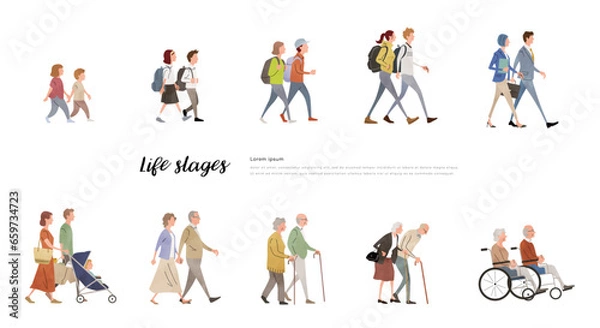 Fototapeta ベクターイラスト素材：男性と女性のライフステージ、夫婦、カップル、男女

