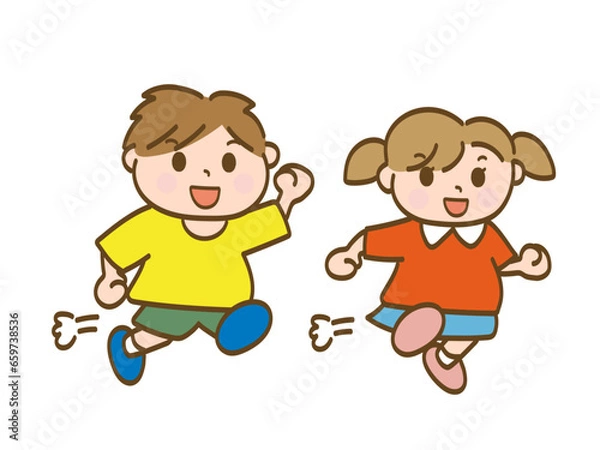 Fototapeta 笑顔で走る子どもたち_男の子と女の子_小学生低学年_幼児