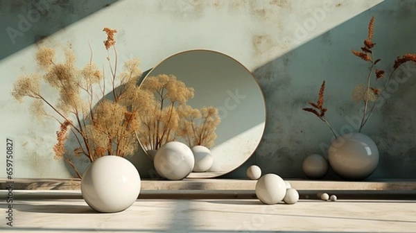 Fototapeta A vibrant vase overflowing with lush flowers provides a stark contrast to the round egg-shaped mirror, creating a captivating artistic scene