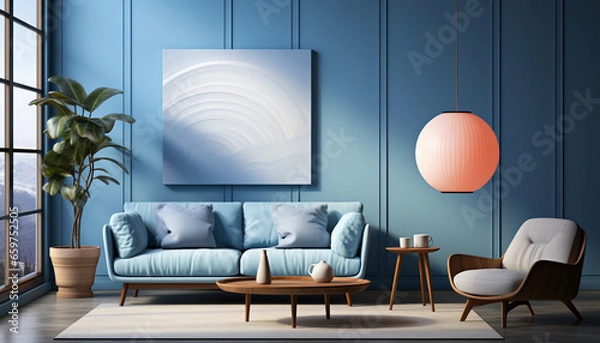 Fototapeta Modern apartment decor with comfortable sofa, elegant armchair, and bright lighting generated by AI
