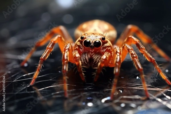 Fototapeta A detailed close-up image of a spider on a black surface. This picture can be used to depict nature, insects, arachnids, or for Halloween-themed designs.