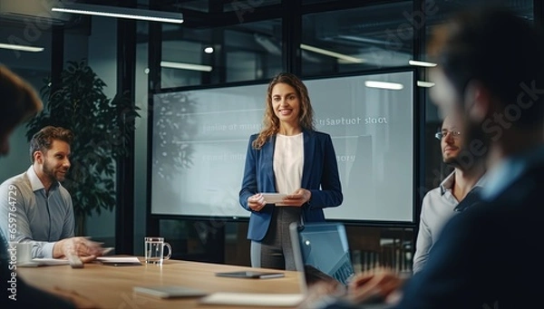Fototapeta Group of professionals engaged in a discussion during a meeting, fostering collaboration and innovation. A businesswoman is delivering a presentation in a boardroom, showcasing expertise and leadershi