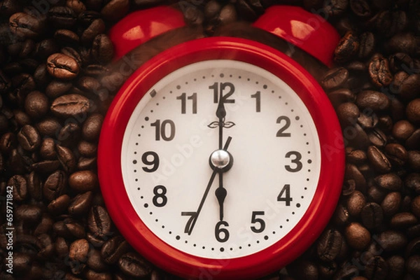 Obraz Red alarm clock on a background of coffee beans. A close-up of the alarm clock shows six o'clock in the morning. Coffee in the morning.