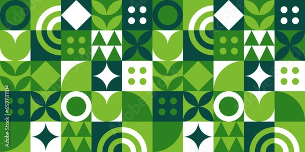 Fototapeta Green geometric mosaic seamless pattern illustration with nature abstract shapes. Fresh organic concept background print. Eco friendly minimalist shape texture, geometry collage.