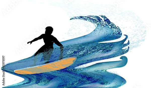 Fototapeta Silhouette of a surfer in turbulent waves