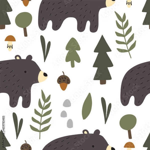 Fototapeta Seamless pattern with cute bears in the wood. Hand drawn childish background with wild animals in the forest. Endless kids texture for apparel, textile and prints. Vector illustration