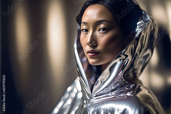 Obraz Model Wearing Glossy Silver Clothes. Generative AI, non-existent person.	
