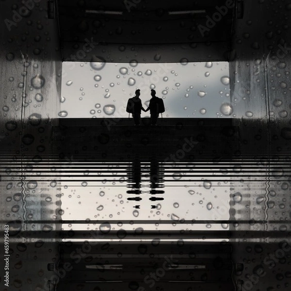 Fototapeta grunge style inner city design with silhouetted couple reflected and water ripples on shades of grey textured background on a rainy day