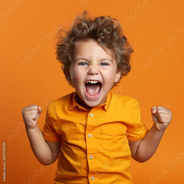 Obraz Little kid boy isolated showing tongue. Funny little power super hero kid showing muscles, ai technology