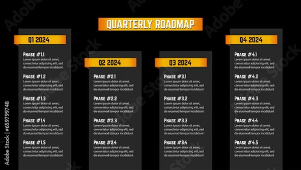 Fototapeta Horizontal roadmap milestones on black background. Timeline infographic template for business presentation. Vector.