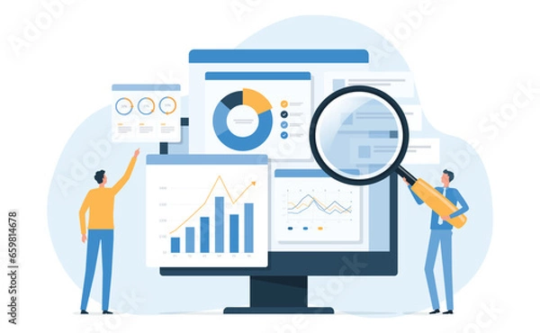 Fototapeta business people working for data analytics and monitoring on web report dashboard monitor and business finance investment design concept
