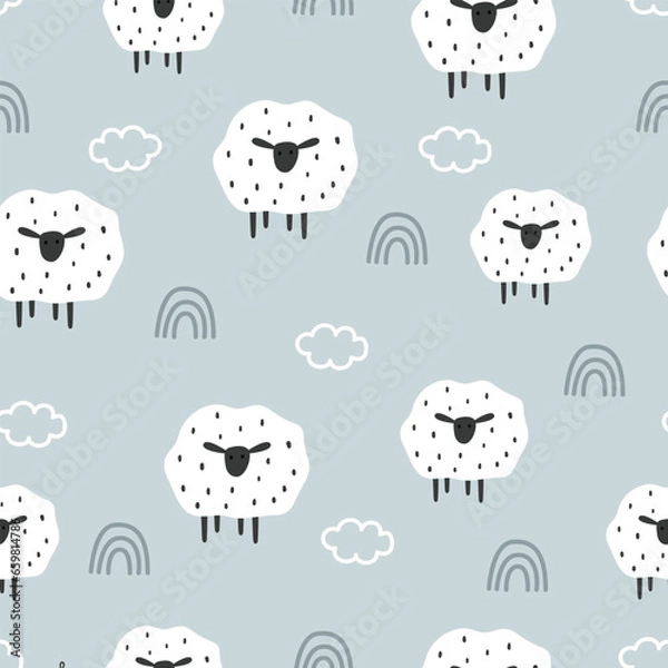 Obraz Sheep with rainbow in the sky seamless pattern. animal cartoon background Hand drawn design in children's style. For wallpaper, textiles, children's clothing designs