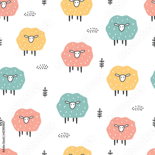 Obraz Colorful sheep seamless pattern. animal cartoon background Hand drawn design in children's style. For wallpaper, textiles, children's clothing designs