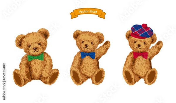 Obraz 手描きの３匹のくまのイラスト  テディベア　ぬいぐるみ　ベクター 