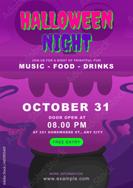 Obraz Enchanted Cauldron Halloween Night Poster Layout Template : Enchanting Halloween template. A cauldron, swirling lavender and pink hues, and a skull, it's announcements, posters, and notices.