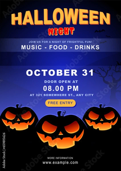 Fototapeta Shadow of Scary Pumpkin Carvings in Halloween Night Poster Layout Template : Announce the Halloween event with a spooky poster notice template, Sinister Jack O' Lantern carvings, bats and dead tree.