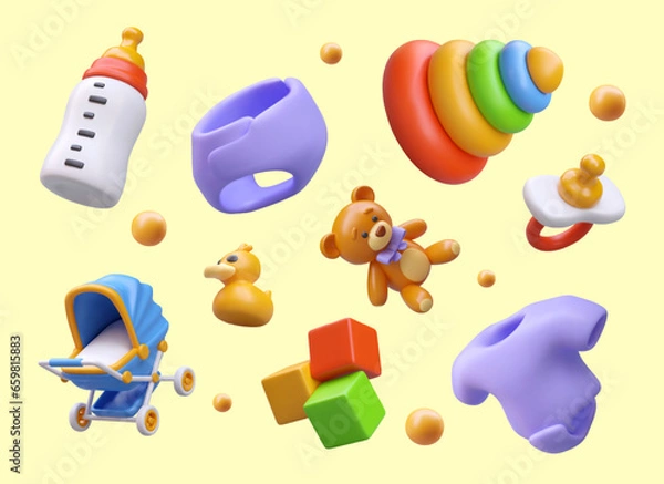 Obraz Collection with different toys and clothes for children. 3d teddy bear, educational pyramid, clothes and products for children care. Vector illustration in 3d style