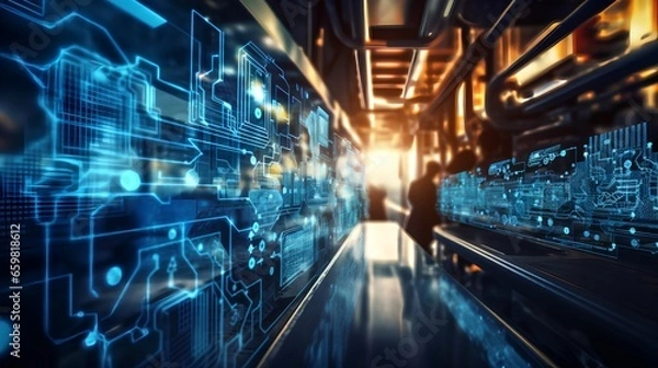 Fototapeta High technology environment with surveillance intelligence machine learning operations and blurred motion engineers in background as active workspace. Data monitoring, control and research.