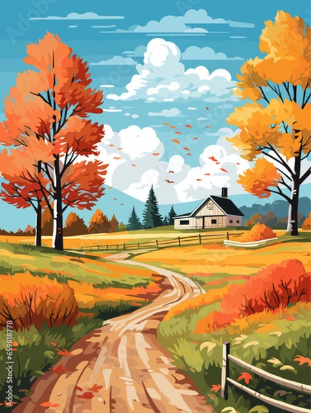 Fototapeta Fall autumn landscape background vector, simple abstract style. Good for fashion fabrics, children’s clothing, postcards, social post, books, wallpaper, banner, events, covers, advertising, and more.