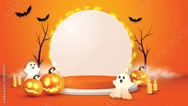 Fototapeta vector background with realistic halloween pumpkin and podium for product display