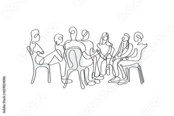 Obraz Hand-drawn line art vector of Group Psychotherapy Sessions. Psychology line art. Mental health and social bonds
