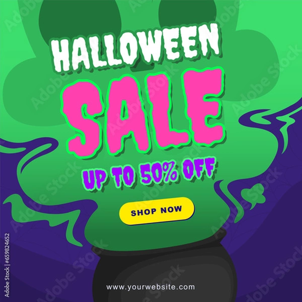 Fototapeta Mystical Cauldron Halloween Night Square Layout Template : Unleash . A cauldron and a skull in Halloween's mystique with square 1:1 template for Social media promotions, notices and event.
