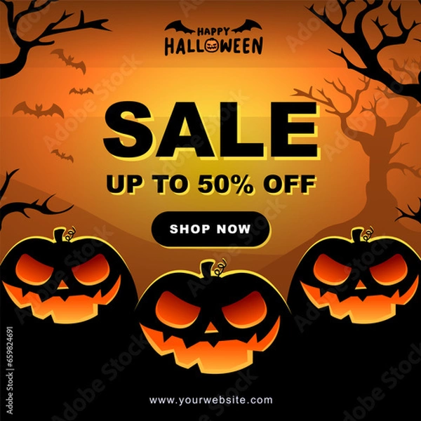 Obraz Halloween Pumpkin Carvings in Spooky Night Square Layout Template : Announce your Halloween event with this square pixel 1:1 for social media. With a face of sinister Jack O' Lantern carvings.