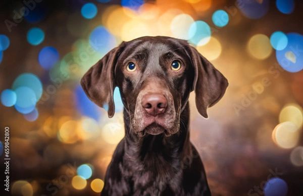 Fototapeta German Shorthaired Pointer Dog. Portrait in studio, Canine Looking at Camera Bokeh Background