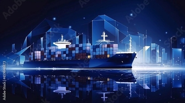 Fototapeta Low polygon banner template with copysapce area for commercial port. Digital cargo ship, container, crane and warehouse in dark blue. Container ships, transport, logistics, business, worldwide deliver
