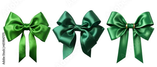 Fototapeta Set Realistic shiny green bow and satin ribbon isolated on transparent background. Green ribbon gift bows. Concept for invitation, banners, gift cards. Template for brochure or postcard. 