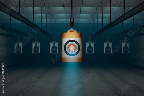 Obraz Shooting range with target riddling by bullets. Training practice or competition
