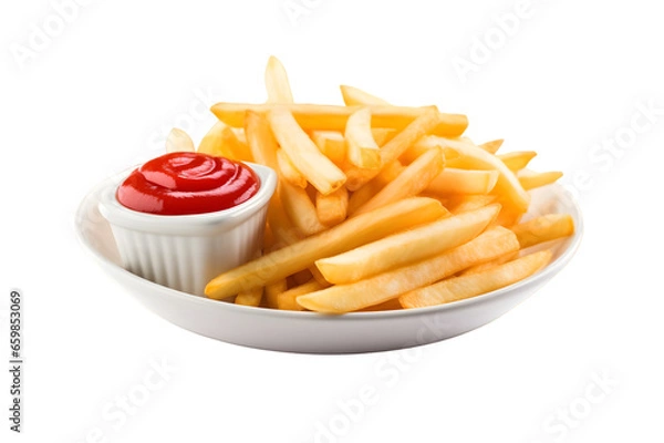Fototapeta french fries, french-fried potatoes, finger chips, or simply fries with ketchup sauce in a white bowl isolated on a transparent background, potato fried chips transparent