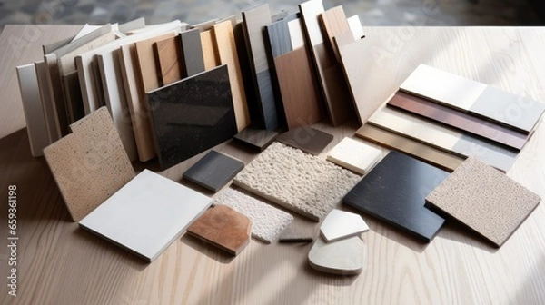 Obraz samples of interior material consists concrete tile, wooden laminated or veneer, artificial stones, green fabric for drapery, wooden vinyl flooring. interior selected material for mood and tone board.