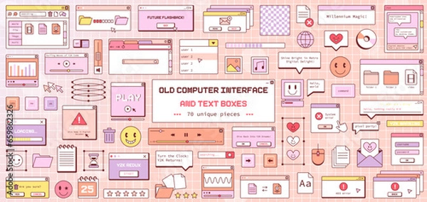 Fototapeta Y2K Retro Digital Interface Vector Collection: 90s-2000s Pastel Aesthetic Desktop Design Elements, Icons, Text Boxes, UI Patterns, and Nostalgic Computer Graphics Illustrations.