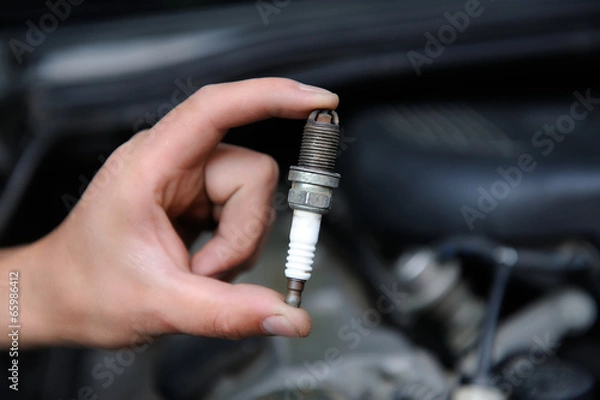 Fototapeta Auto mechanic holds an spark plug
