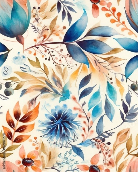Fototapeta Colorful flowers style seamless pattern. AI Generated.