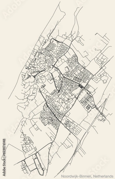 Fototapeta Detailed hand-drawn navigational urban street roads map of the Dutch city of NOORDWIJK-BINNEN, NETHERLANDS with solid road lines and name tag on vintage background