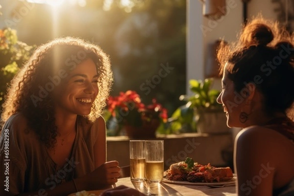 Fototapeta Two multiracial female friends having a close conversation, sitting by a dinner table on a beautiful house terrace. AI generative