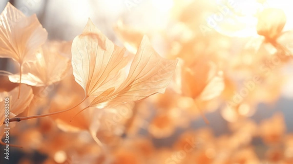 Fototapeta falling autumn leaves and branches nature in light translucent soft color pastel tinting on a sunny day