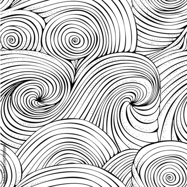 Fototapeta Seamless Pattern for coloring book. Hand-drawn swirls, ringlets, Sea Waves, Van Gogh Sky. Doodle, vector, zentangle design element. Adult coloring book.