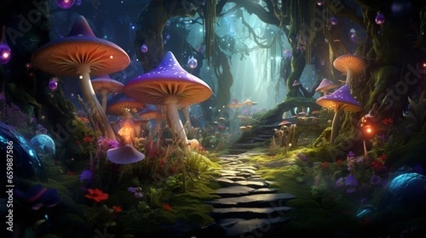 Fototapeta Transform the space into a magical forest with fairies, elves, and glowing mushrooms