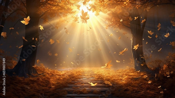 Fototapeta rays of the sun leaf fall autumn background landscape golden fall