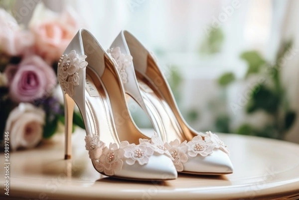 Obraz A pair of white wedding footwear for the bride