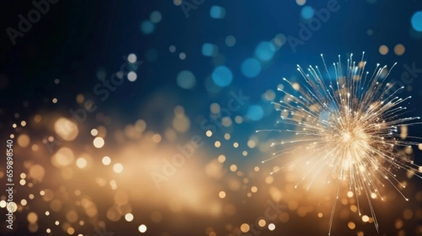 Fototapeta Blue and gold bokeh, spark for Christmas and  Happy New Year for background