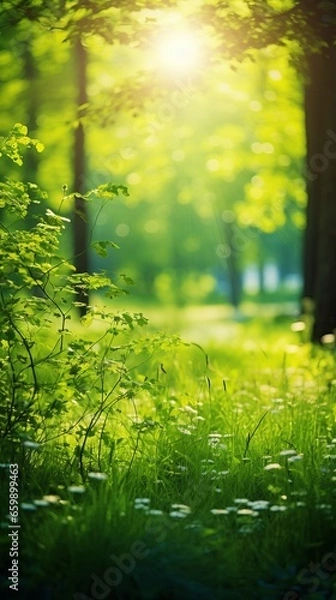 Fototapeta Picturesque photo of a field or meadow: Summer Beautiful spring perfect natural landscape background, defocused blurred green trees in forest with wild grass and sun beams