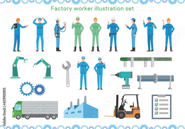 Obraz 工場と作業員のイラストセット